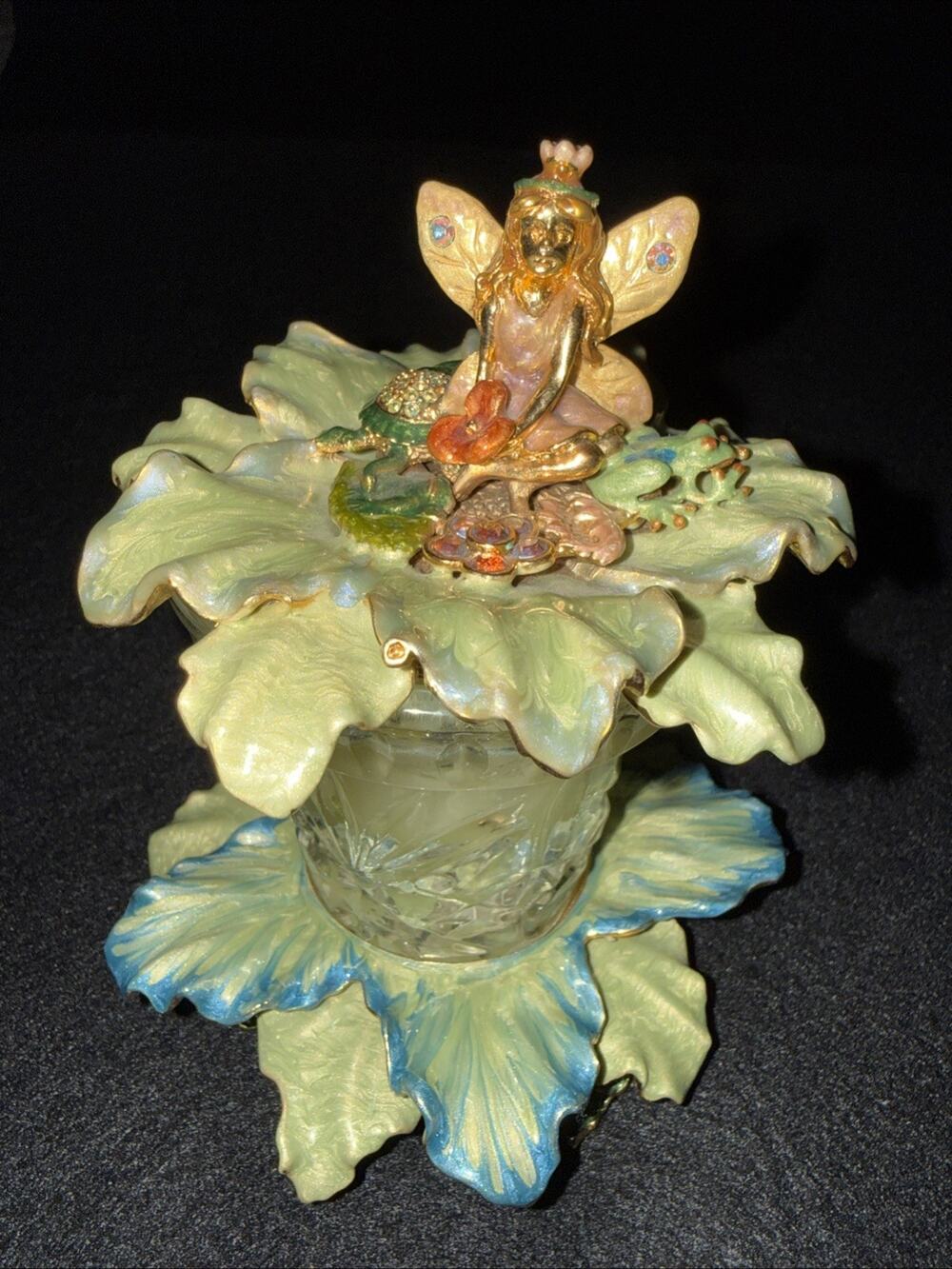 Kirks Folly Fairy Dust “Forget Me Not” Candle Holder Crystals Enamel Blue Green
